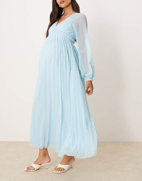 ASOS DESIGN Maternity plunge long sleeve pleated midaxi dress in pastel blue - view 1