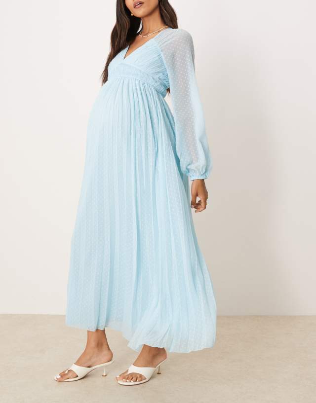 flowy blue maternity dress ASOS DESIGN plunge long sleeve pleated midaxi in pastel Available in multiple sizes