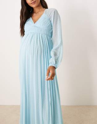 ASOS DESIGN Maternity plunge long sleeve pleated midaxi dress in pastel blue