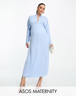 Asos Maternity Asos Design Maternity Plunge Neck Batwing Midi Dress In Pale Blue