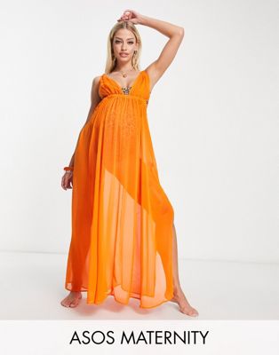 ASOS DESIGN Maternity plunge sheer maxi beach dress in with rope detail in orange