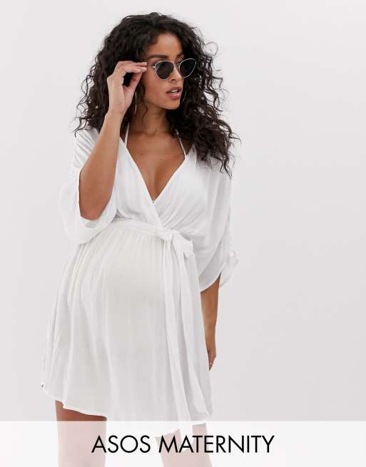 ASOS DESIGN Maternity plunge tie waist kimono sleeve crinkle beach cover up  in white