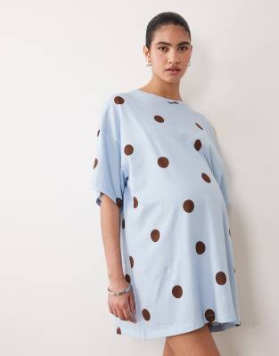 Asos Design Maternity Polka Dot Oversized Spot Sleep Tee In Blue