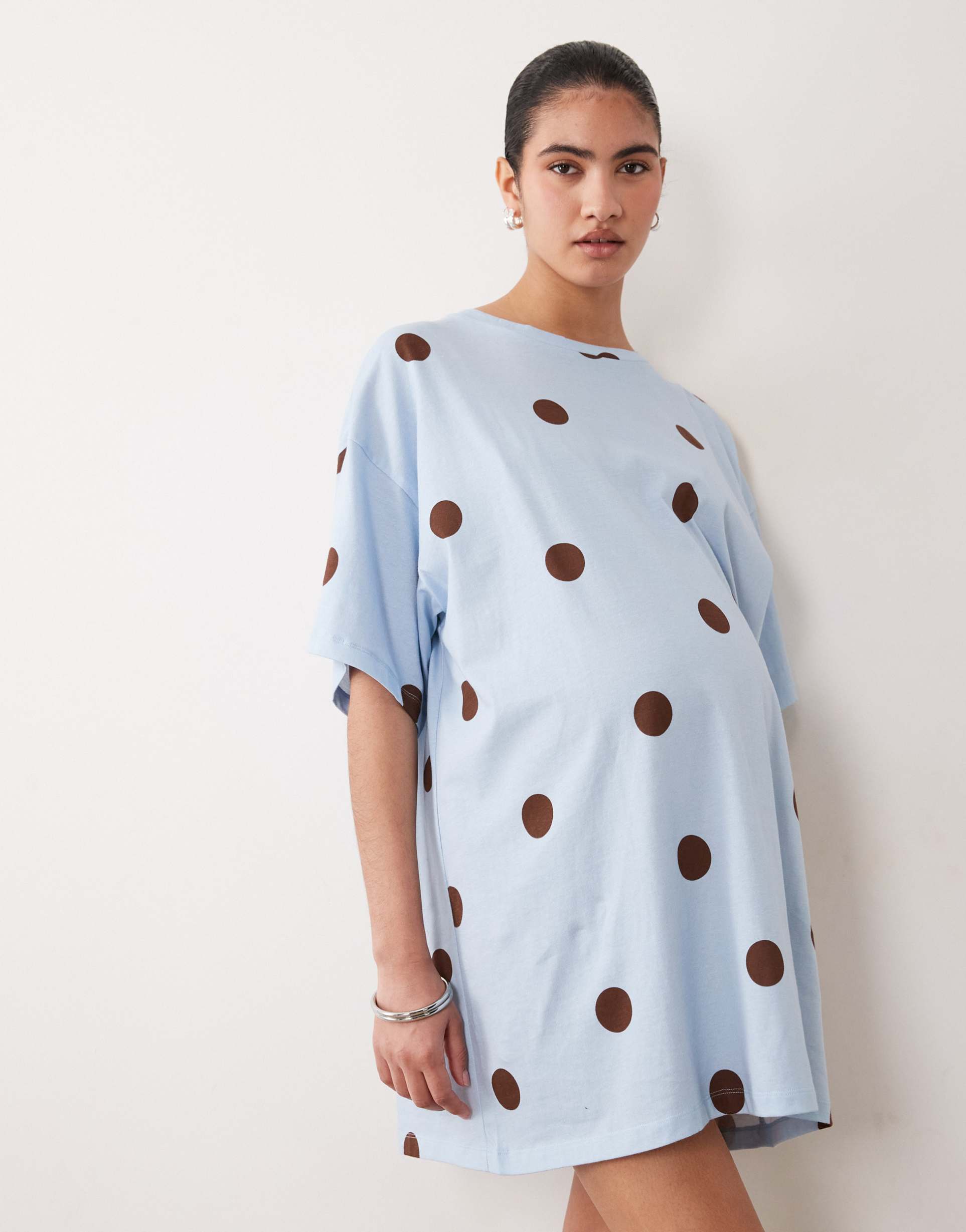 asos design maternity polka dot oversized spot sleep tee in blue & chocolate