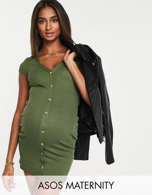 ASOS DESIGN Maternity – Prążkowana sukienka koszulowa mini z krótkim  rękawem w kolorze khaki | ASOS