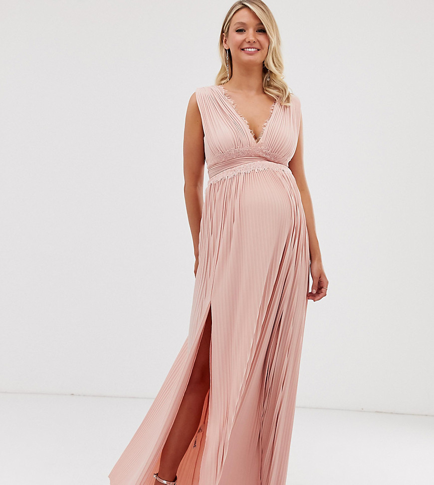 ASOS DESIGN Maternity - Premium geplooide lange jurk met kanten inzet-Roze