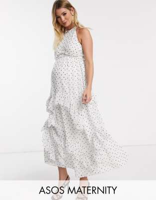 ASOS DESIGN Maternity Premium high neck ruffle maxi dress in spot-Multi