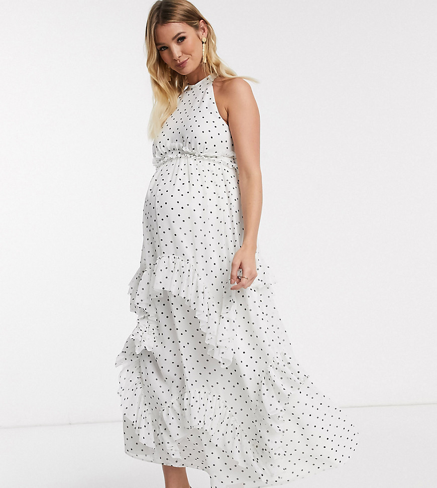 ASOS DESIGN Maternity - Premium - Hoogsluitende maxi-jurk met ruches en stippenprint-Multi