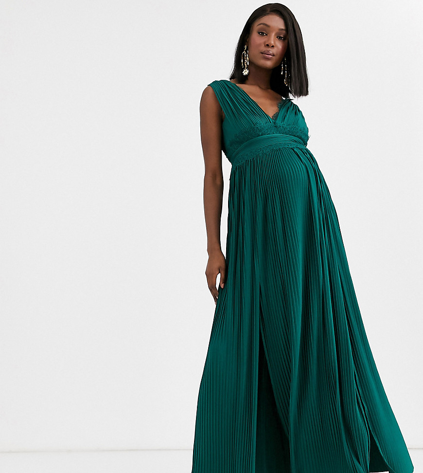 ASOS DESIGN Maternity premium lace insert pleated maxi dress in forest green