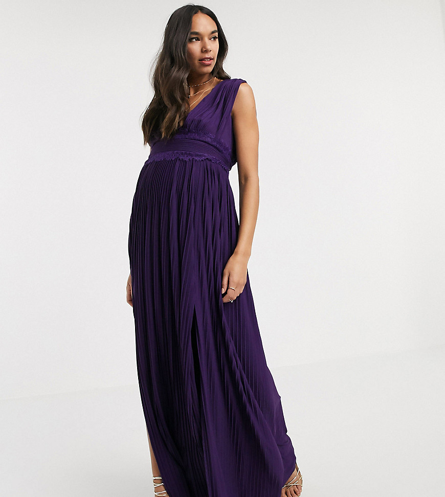 ASOS DESIGN Maternity premium lace insert pleated maxi dress-Purple