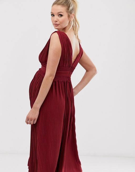 ASOS DESIGN Maternity pleated midi dress with lace inserts in oxblood