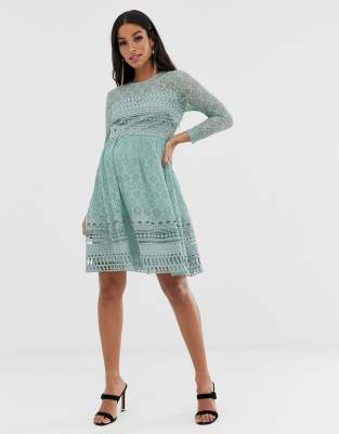 asos design premium lace mini skater dress with long sleeves