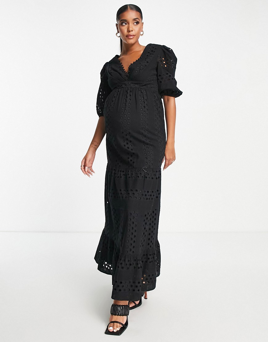 ASOS DESIGN Maternity Premium - Vestito midi nero in pizzo a balze con scollo profondo e bottoni  donna Nero - immagine2