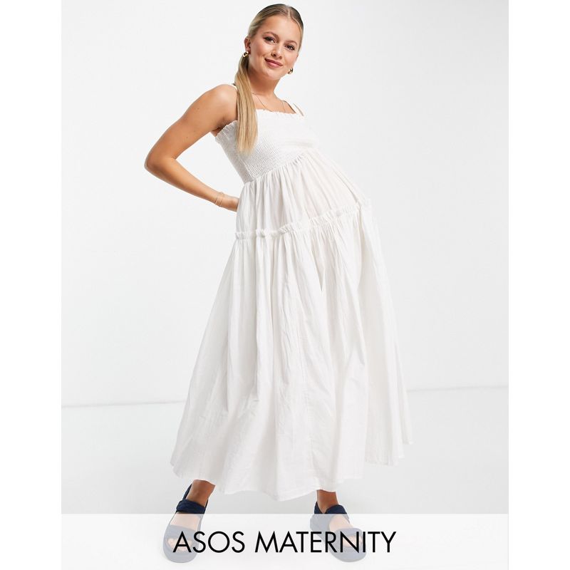 Vestiti longuette Vestiti DESIGN Maternity - Prendisole midi arricciato con spalline e bordi grezzi bianco