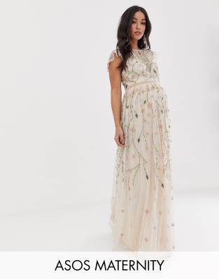 ASOS DESIGN Maternity pretty embroidered floral and sequin mesh maxi dress-Multi