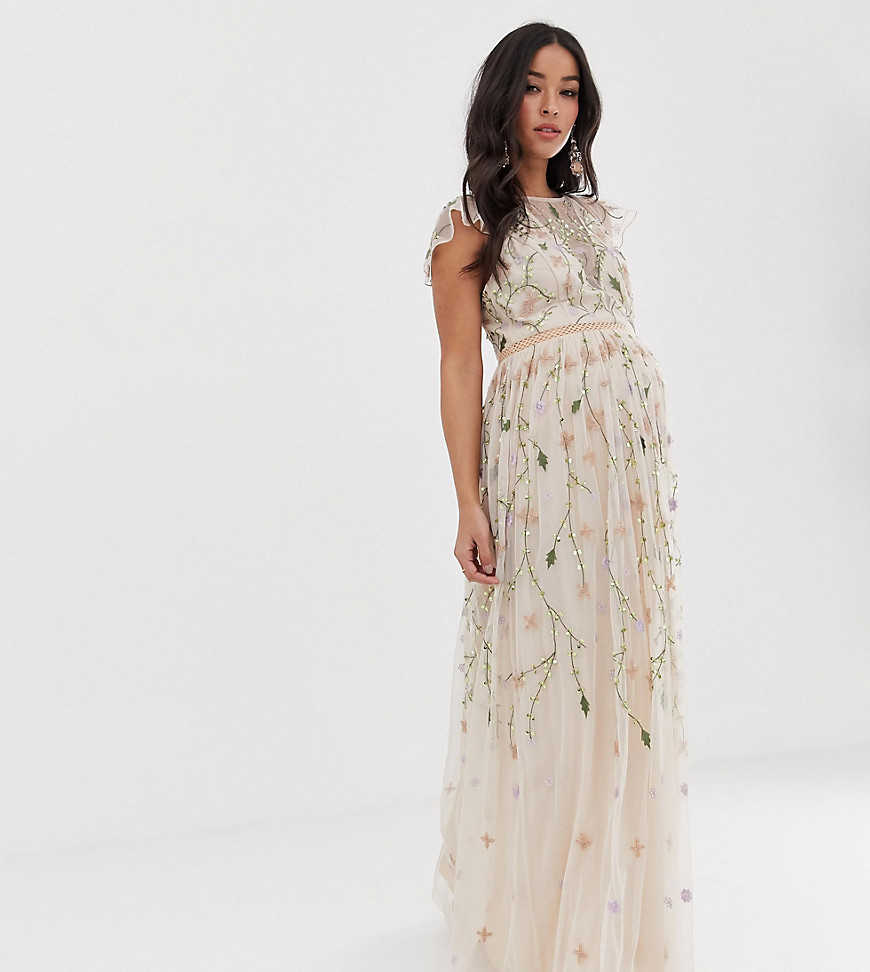 ASOS DESIGN Maternity pretty embroidered floral and sequin mesh maxi dress-Multi