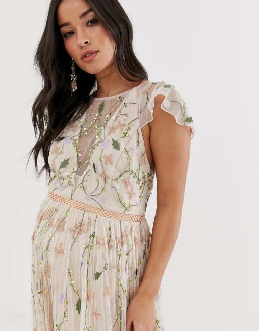 Asos design pretty embroidered floral and sequin store mesh maxi dress