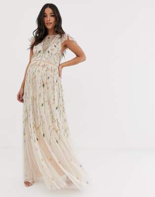 asos design maternity pretty embroidered floral and sequin mesh maxi dress