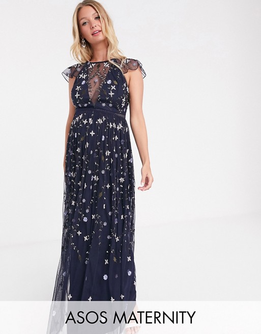ASOS DESIGN Maternity pretty embroidered floral and sequin mesh maxi dress