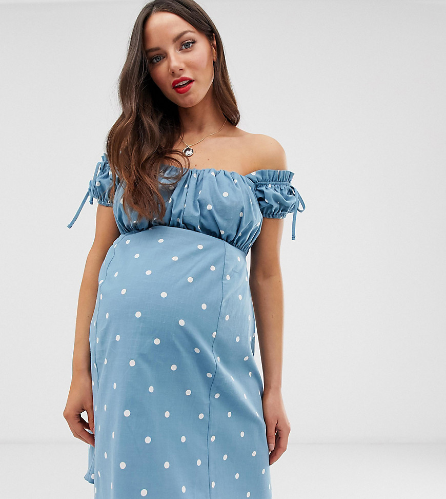 ASOS DESIGN Maternity – Prickig solklänning i minilängd med bar axel och rynkning-Flerfärgad