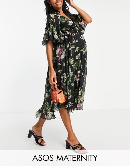 ASOS DESIGN Maternity flutter sleeve midi dress with pleated waist and  button detail