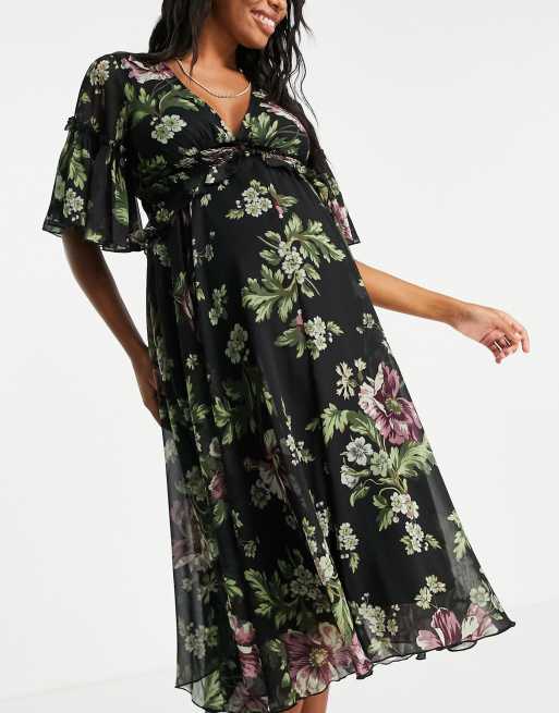 ASOS DESIGN Maternity printed flutter sleeve midi dress with pleated waist  and button detail