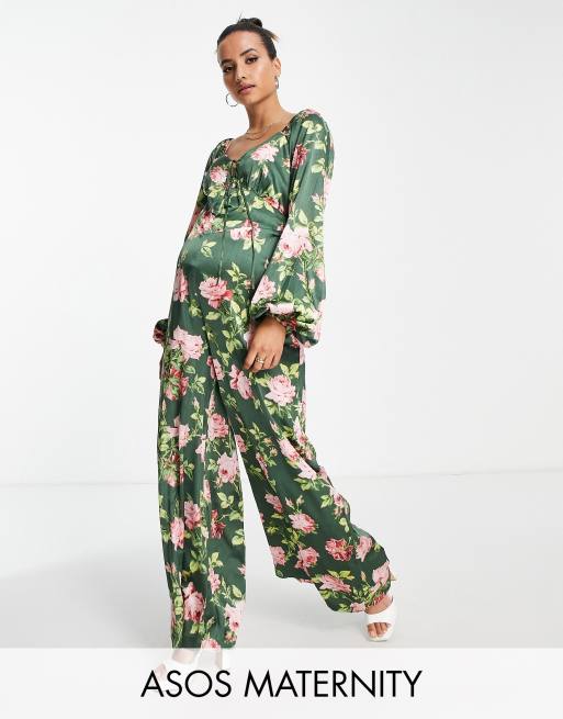 ASOS DESIGN Maternity puff sleeve cut out back jumpsuit in floral print