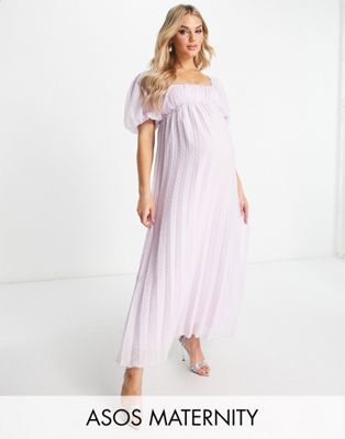 ASOS DESIGN Maternity puff sleeve pleated dobby midi dress with scallop trim in lavender