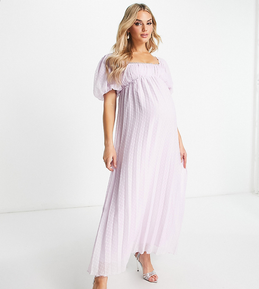 ASOS DESIGN Maternity puff sleeve pleated dobby midi dress with scallop trim in lavender-Purple