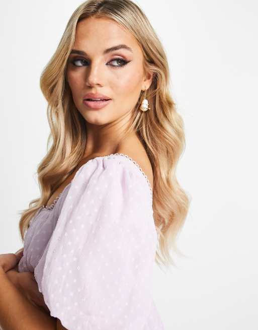 ASOS DESIGN Maternity puff sleeve pleated dobby midi dress with scallop trim in lavender, 3 of 4