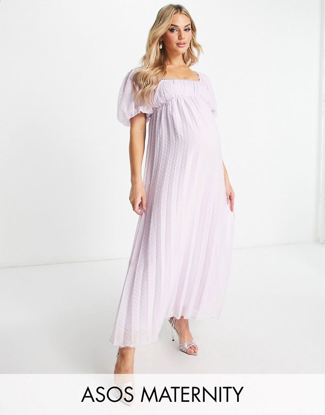 ASOS DESIGN Maternity puff sleeve pleated textured midi dress with scallop trim in lavender
