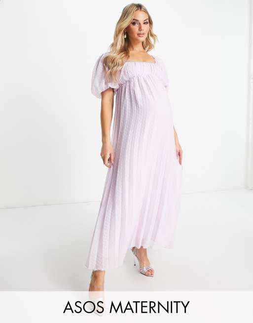 ASOS DESIGN Maternity puff sleeve pleated textured midi dress with scallop  trim in lavender