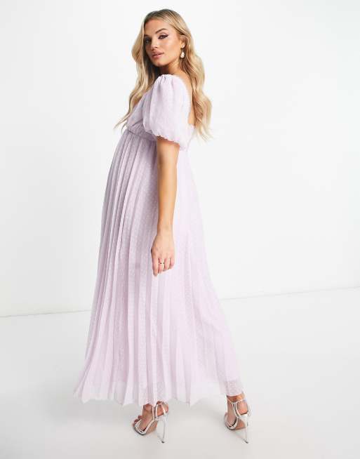 ASOS DESIGN Maternity puff sleeve pleated textured midi dress with scallop  trim in lavender | ASOS