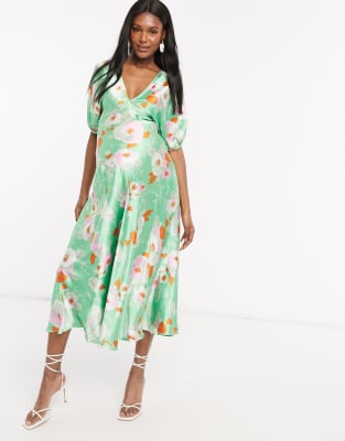 green floral puff sleeve tea dress