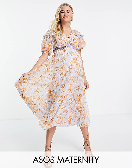  Maternity puff sleeve shirred pleated midi dress in floral print 