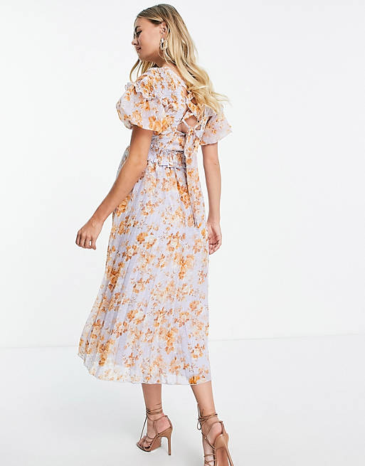  Maternity puff sleeve shirred pleated midi dress in floral print 