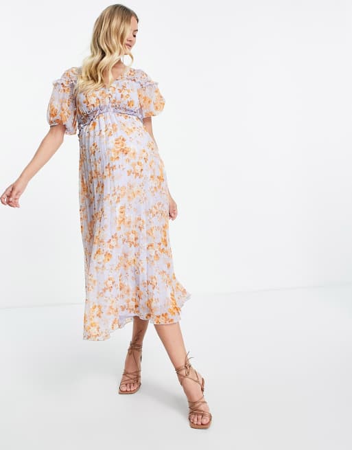 ASOS DESIGN Maternity puff sleeve shirred pleated midi dress in floral print, 4 of 4