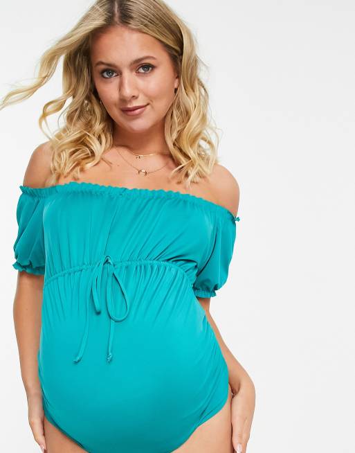 ASOS DESIGN Maternity puff sleeve swimsuit in green