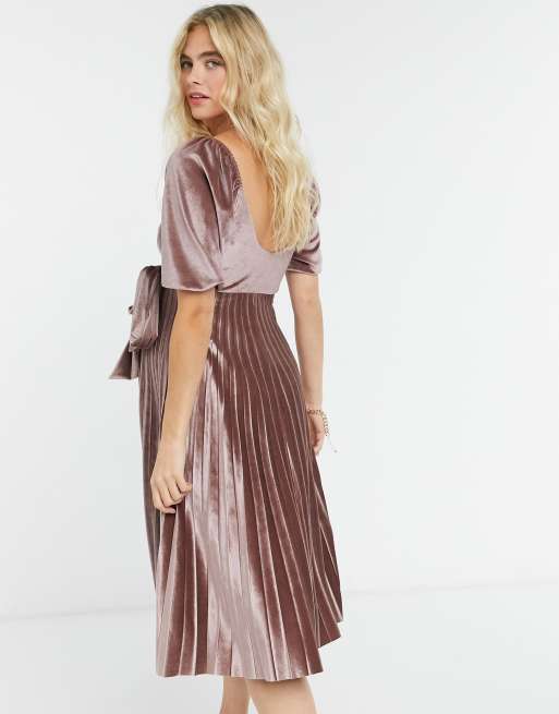 ASOS DESIGN Maternity puff sleeve velvet wrap pleat midi dress in dusky pink