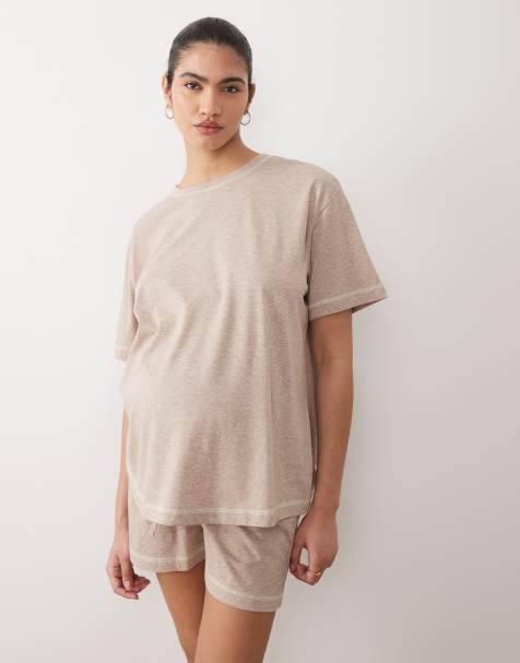 ASOS DESIGN Maternity - Pyjama avec t-shirt oversize et short - Marron chiné - view 1