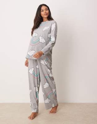 ASOS DESIGN Maternity - Pyjama in meliertem Grau mit Regenbogen-Grafikprints, aus langärmligem Oberteil und Hose