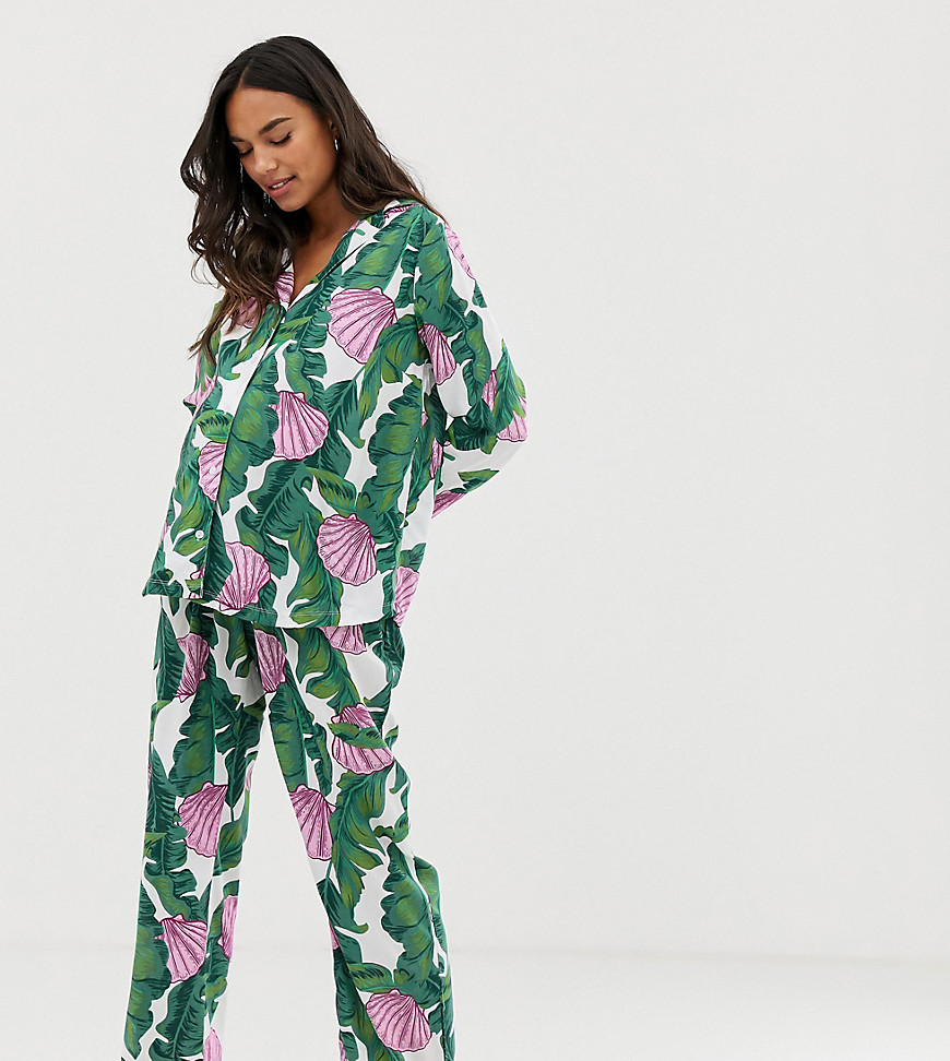 ASOS DESIGN Maternity – Pyjamas med byxor i 100 % modal med palm- och snäckmönster-Flerfärgad