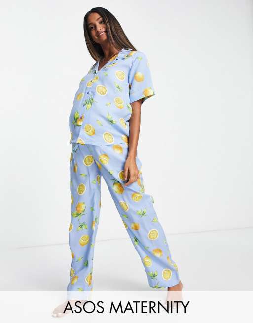 ASOS DESIGN Maternity - Pyjamaset van modal met overhemd en broek in blauw