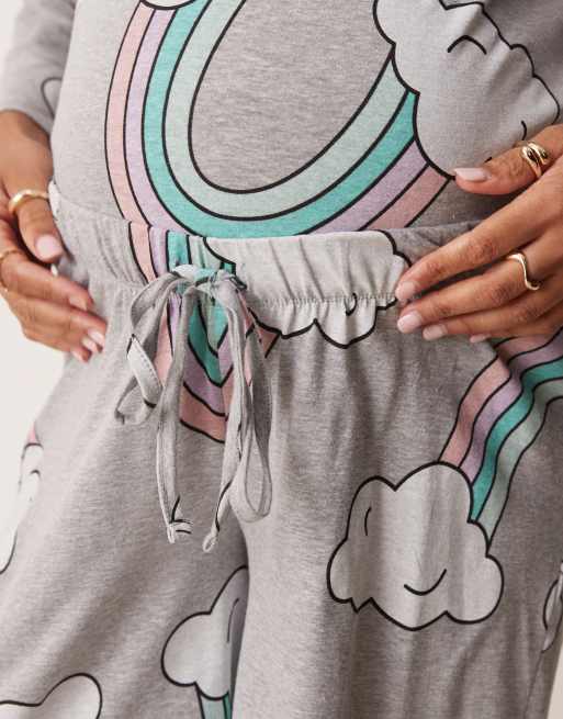 ASOS DESIGN Maternity rainbow long sleeve top & pants pajama set in gray heather, 3 of 4