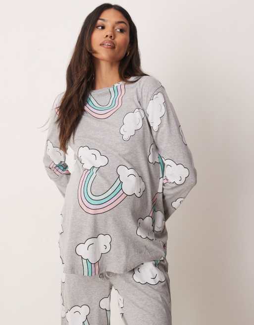 ASOS DESIGN Maternity rainbow long sleeve top & trouser pyjama set in grey marl, 2 of 4