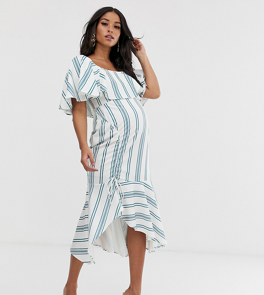 ASOS DESIGN Maternity – Randig midiklänning med fyrkantig halsringning, ryschad kjol och peplumfåll-Flerfärgad