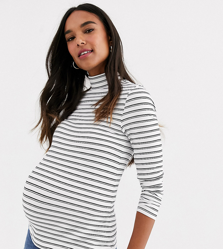 ASOS DESIGN Maternity – Randig topp med halvpolokrage och lång ärm-Flerfärgad