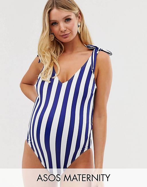 ASOS DESIGN Maternity recycled bunny tie shoulder swimsuit in stripe