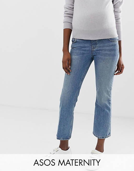 ASOS DESIGN Maternity recycled egerton rigid cropped flare jeans in mid stonewash blue with under the bump waistband