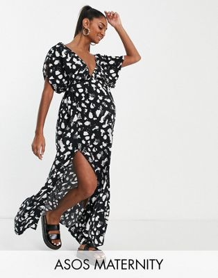 ASOS DESIGN Maternity flutter sleeve maxi beach dress in mono spot print